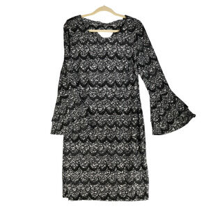 Elle Midi Dress Womens Large Sheath Shift Stretch Strappy Back Black White